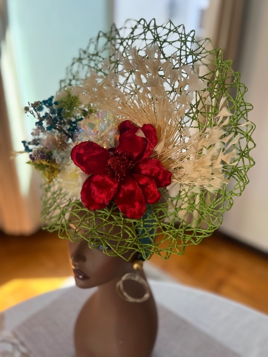 Chartreuse green, deep red, indigo blue, peach coque whimsy feathers